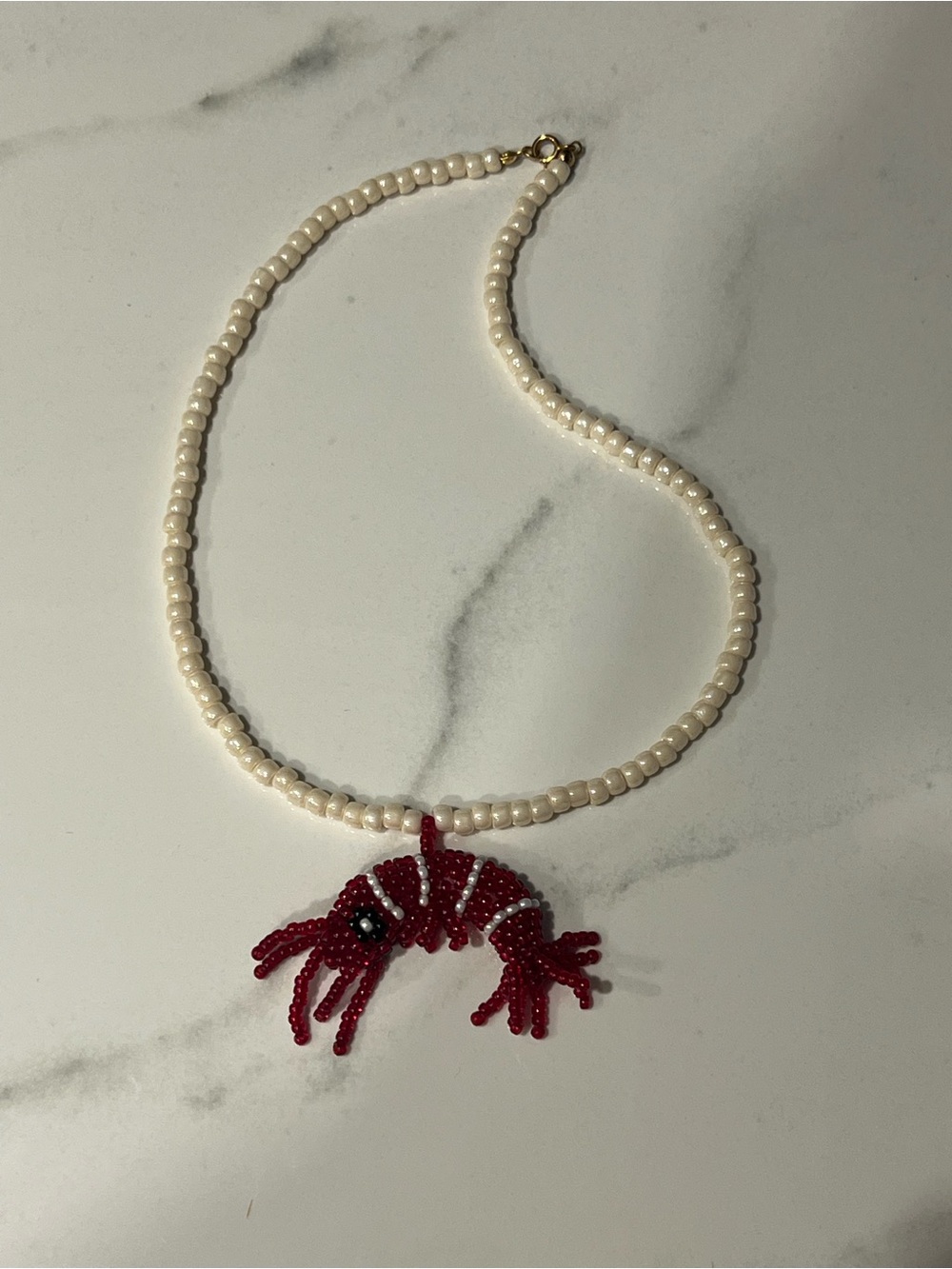 Handmade Pearl Bead Necklace with Red Shrimp Pendant